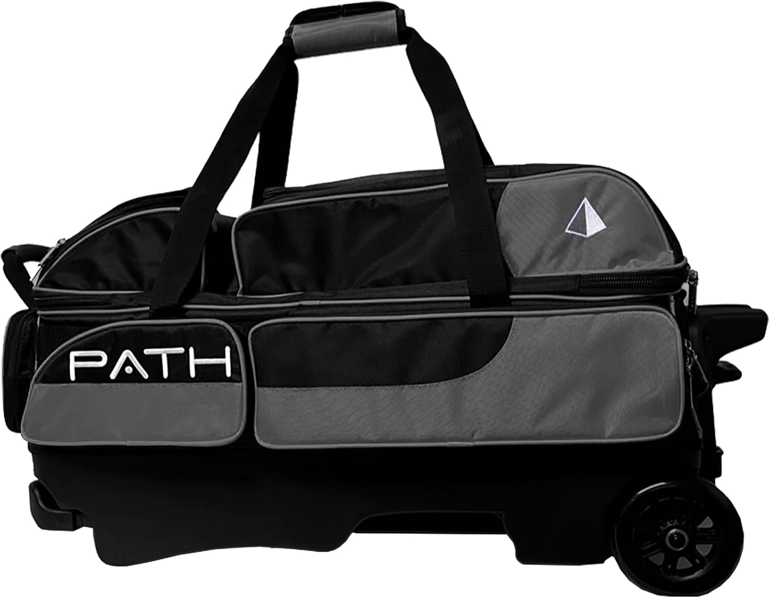 Pyramid Path Triple Premium Deluxe Roller Bowling Bag With Extra Large Separate Shoe Compartment (Up To US Mens Size 16) and 5 Accessory Pockets, 5' Wheels, Retractable Locking Handle - Extends to 42'