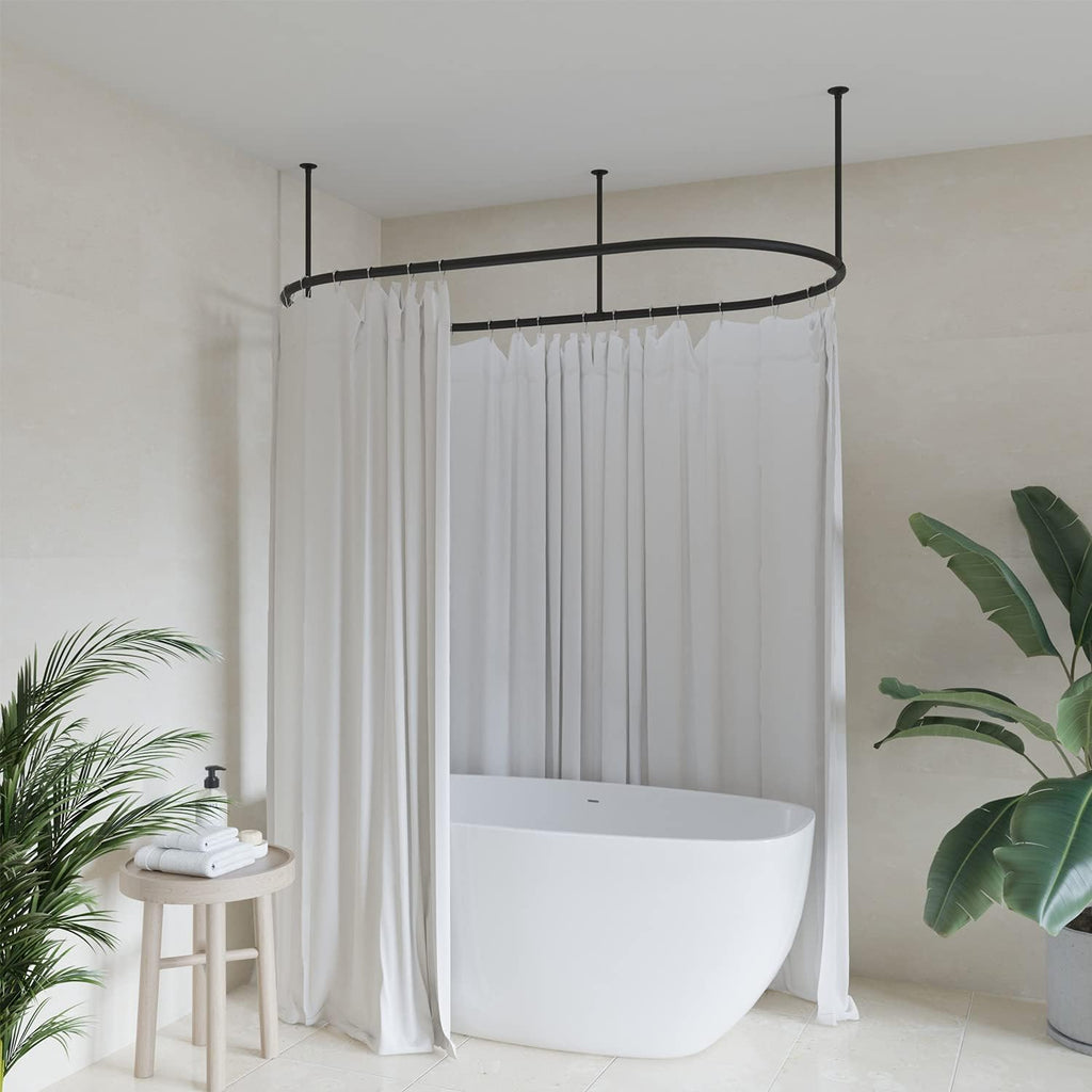 Naiture Stainless Steel Oval Shower Rod, Shower Curtain Rod with Ceiling Support for Clawfoot Tub in 54' L X 30' W, Black Finish
