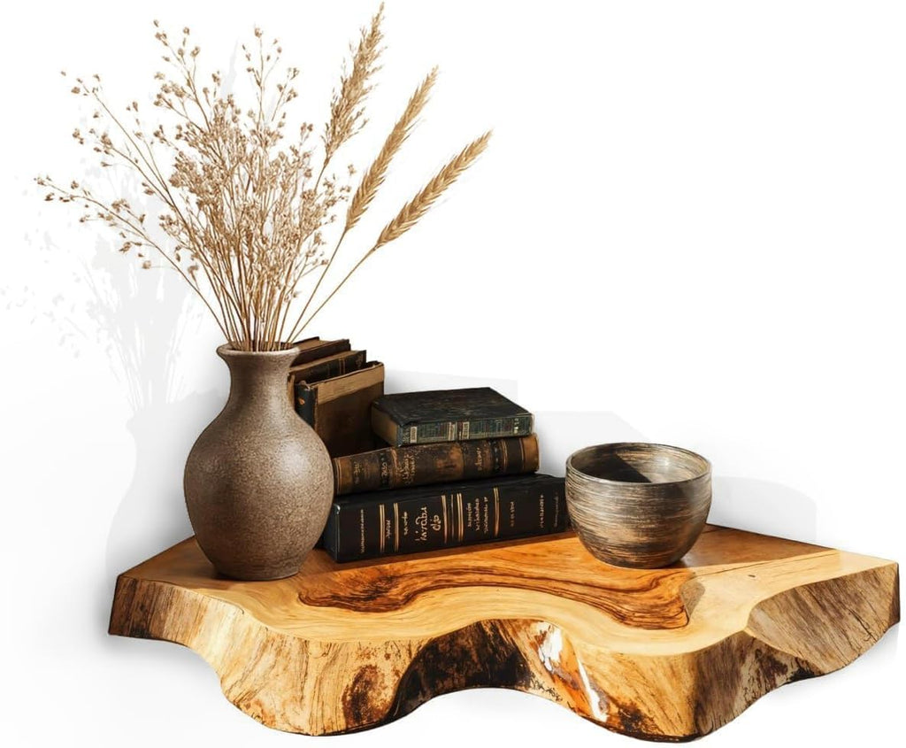 Live Edge Corner Floating Shelves - Solid Monkey Pod Wood, Heavy Duty Hidden Brackets, Handcrafted Farmhouse Wall Mounted Decor for Bedroom & Living Room - Natural, 9.8 x 9.8 x 2.0 in, Set of 1