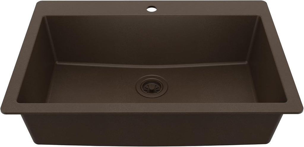 Karran 33' Drop-In Top Mount Quartz Composite Single Bowl Kitchen Sink in Brown – Extra Deep 9' Basin, Heat Resistant, Sound Dampening, Easy Clean Surface