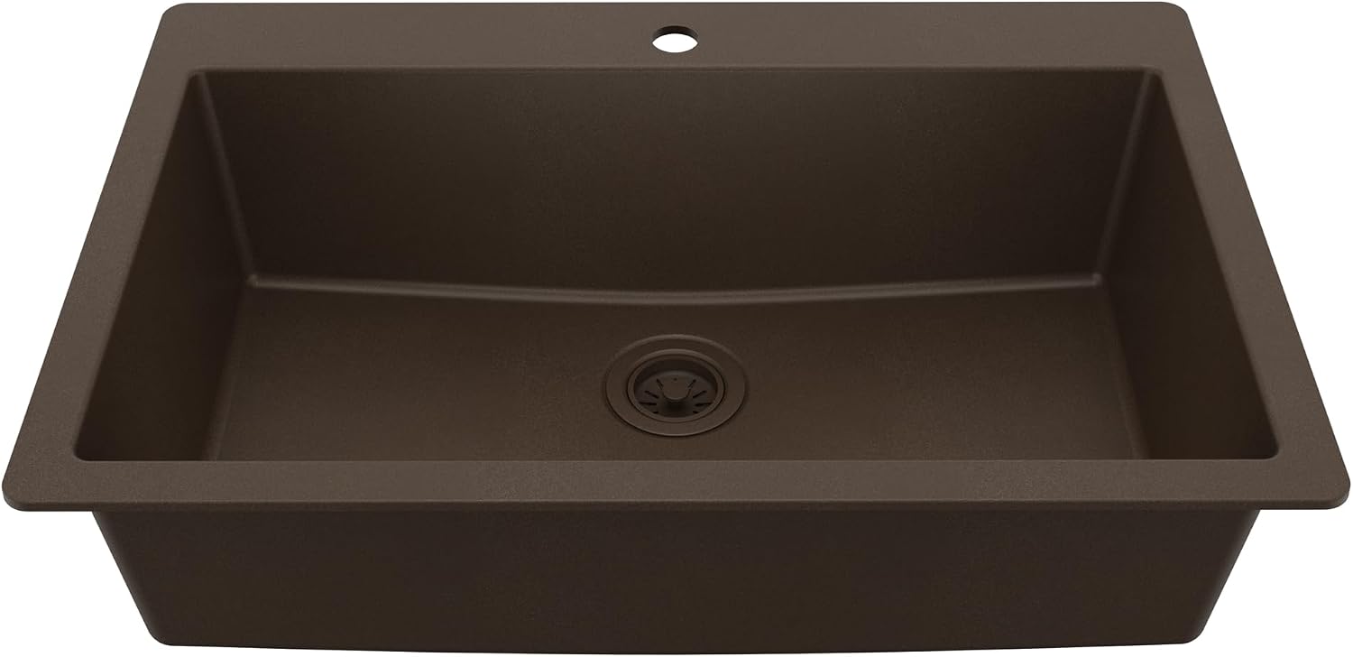 Karran 33' Drop-In Top Mount Quartz Composite Single Bowl Kitchen Sink in Brown – Extra Deep 9' Basin, Heat Resistant, Sound Dampening, Easy Clean Surface