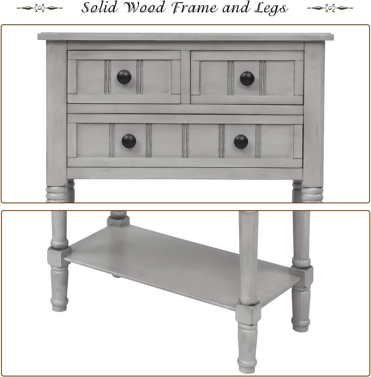Knocbel Slim Antique Entry Console Table with Drawers & Bottom Open Shelf, Solid Wood Sofa Couch Table for Entryway Hallway Living Room (Gray Wash)