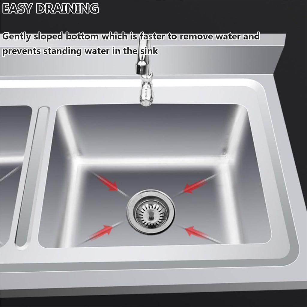 Commercial Triple Bowl Kitchen Sink, Stainless Steel Utility Sink, Washing Basin for Indoor Outdoor Garage Backyard(120X50cm/47.2X19.6in)