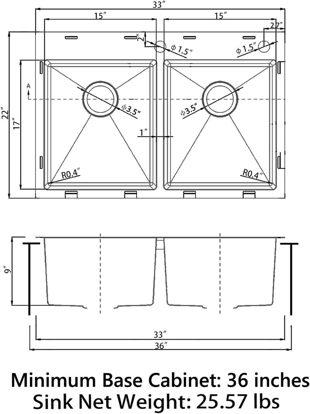 Sinber HT3322D-9-S 33' x 22' x 9' Drop In Double Bowl Kitchen Sink with 18 Gauge 304 Stainless Steel Satin Finish (Sink Only)