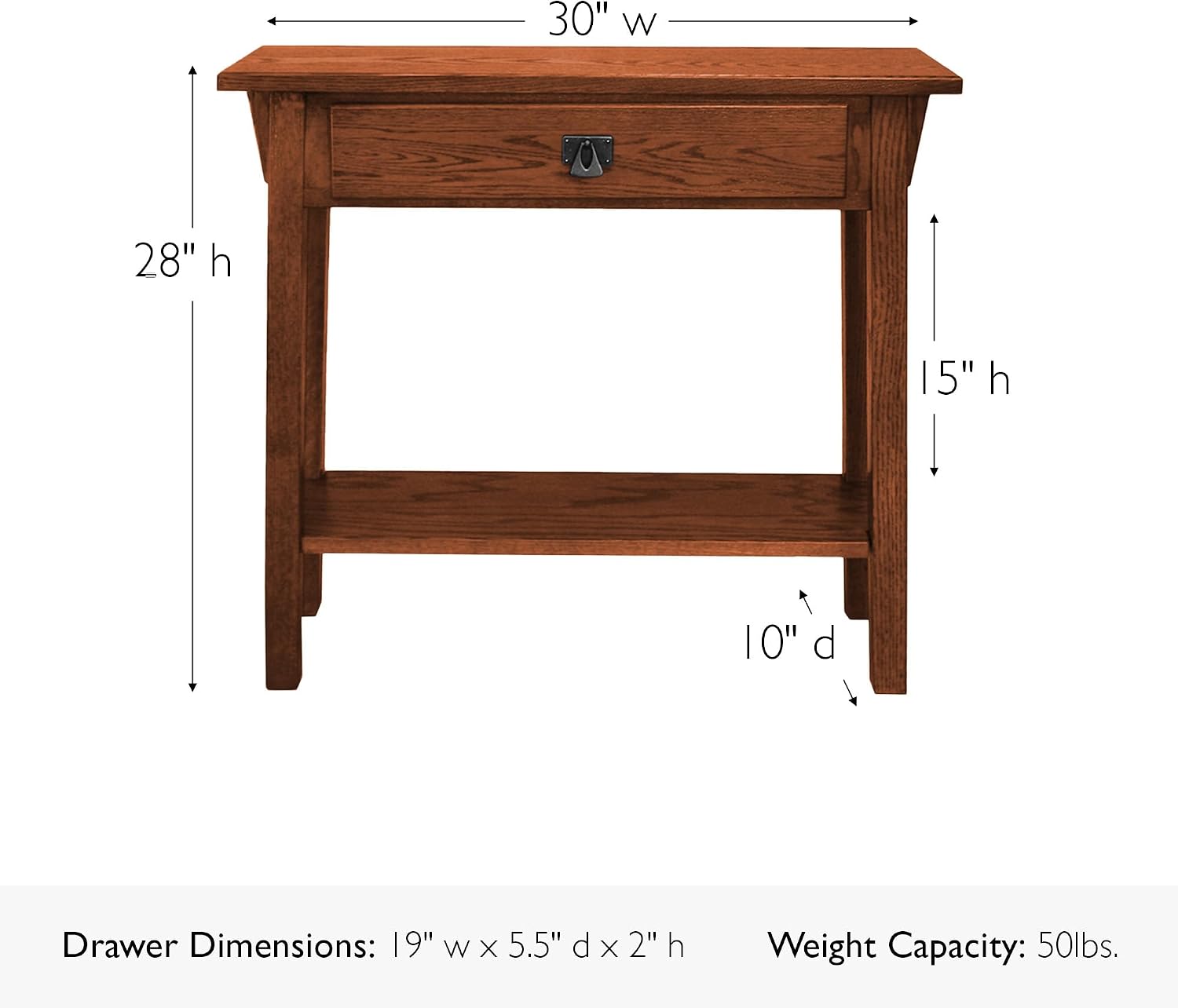 Leick Home Mission Console Table, Solid Wood, 1 Storage Drawer, Bottom Display Shelf, Narrow Depth, Easy-Assembly, For Living Room/Hallway, Russet, 30 in L x 10 in W x 28 in H, 9057-RS