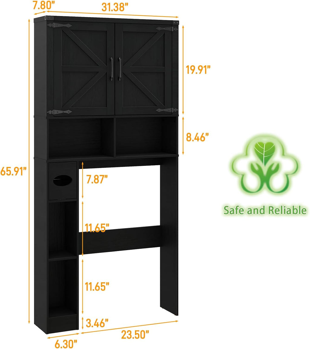 Vabches Over The Toilet Storage Cabinet, Farmhouse Storage Cabinet Over Toilet with 2 Barn Doors && Toilet Paper Holder Stand，Home Space-Saving Toilet Rack, for Laundry, Restroom, Bathroom.Pure Black