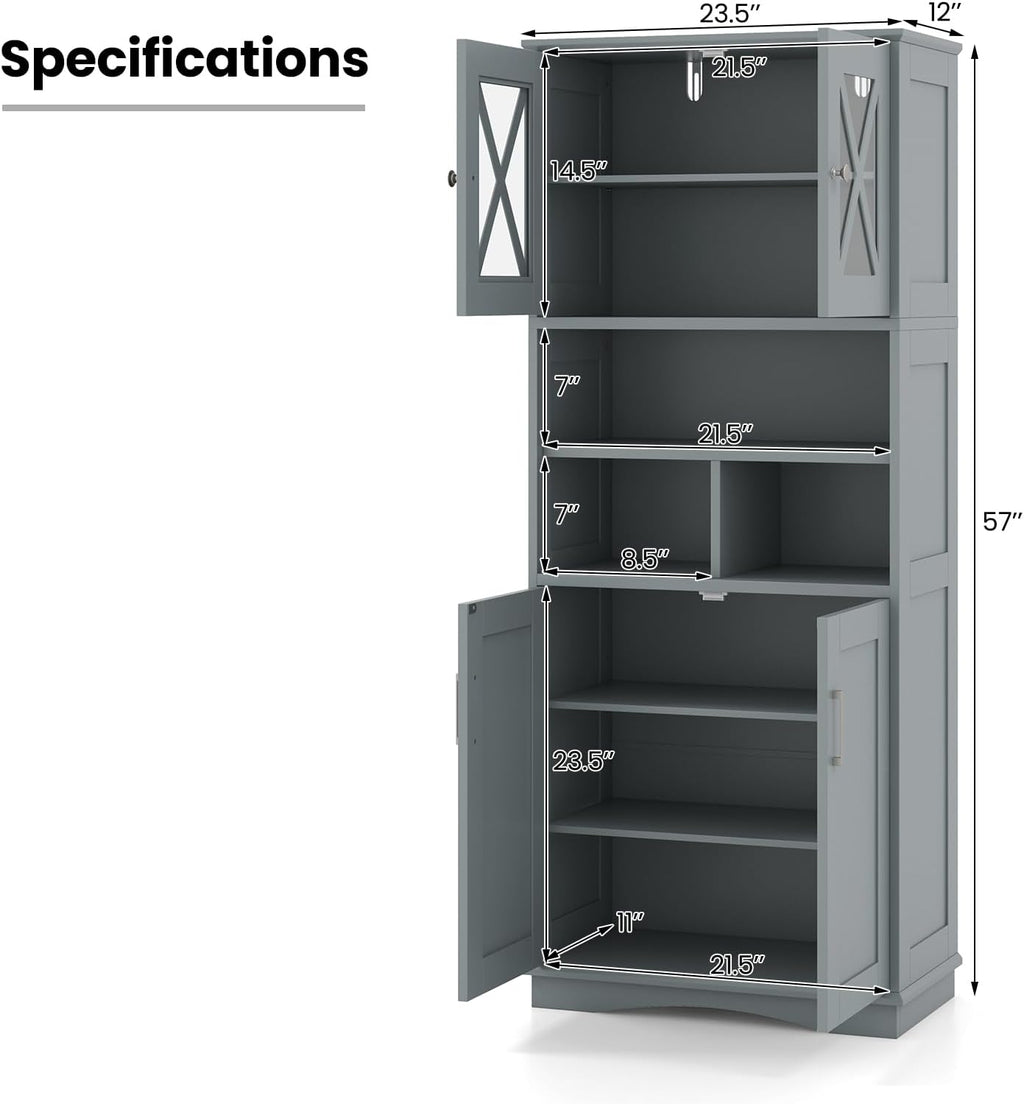 Tangkula Tall Bathroom Cabinet, Modern Kitchen Cupboard Pantry with Adjustable Shelves, 2 Acrylic Doors & 3 Open Cubes, Large Floor Storage Cabinet for Bathroom Living Room (23.5 x 12 x 57 Inch,Grey)