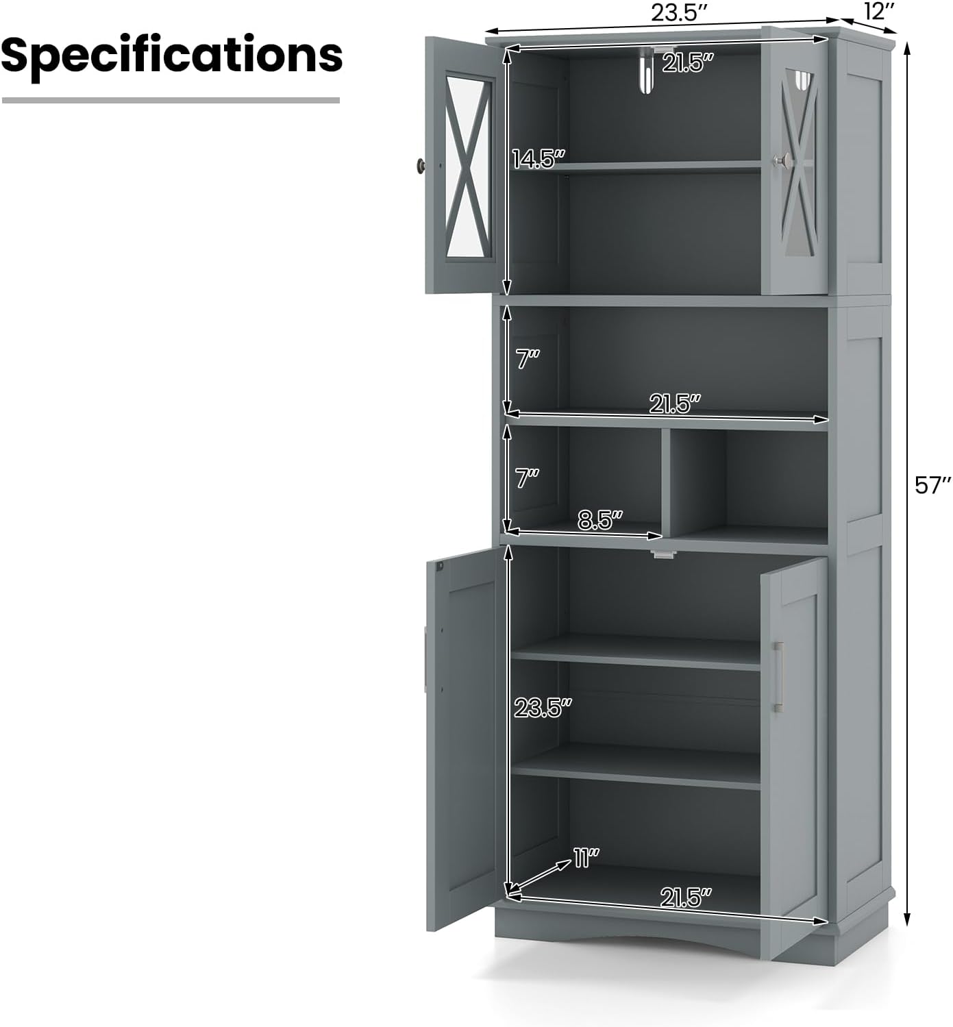 Tangkula Tall Bathroom Cabinet, Modern Kitchen Cupboard Pantry with Adjustable Shelves, 2 Acrylic Doors & 3 Open Cubes, Large Floor Storage Cabinet for Bathroom Living Room (23.5 x 12 x 57 Inch,Grey)