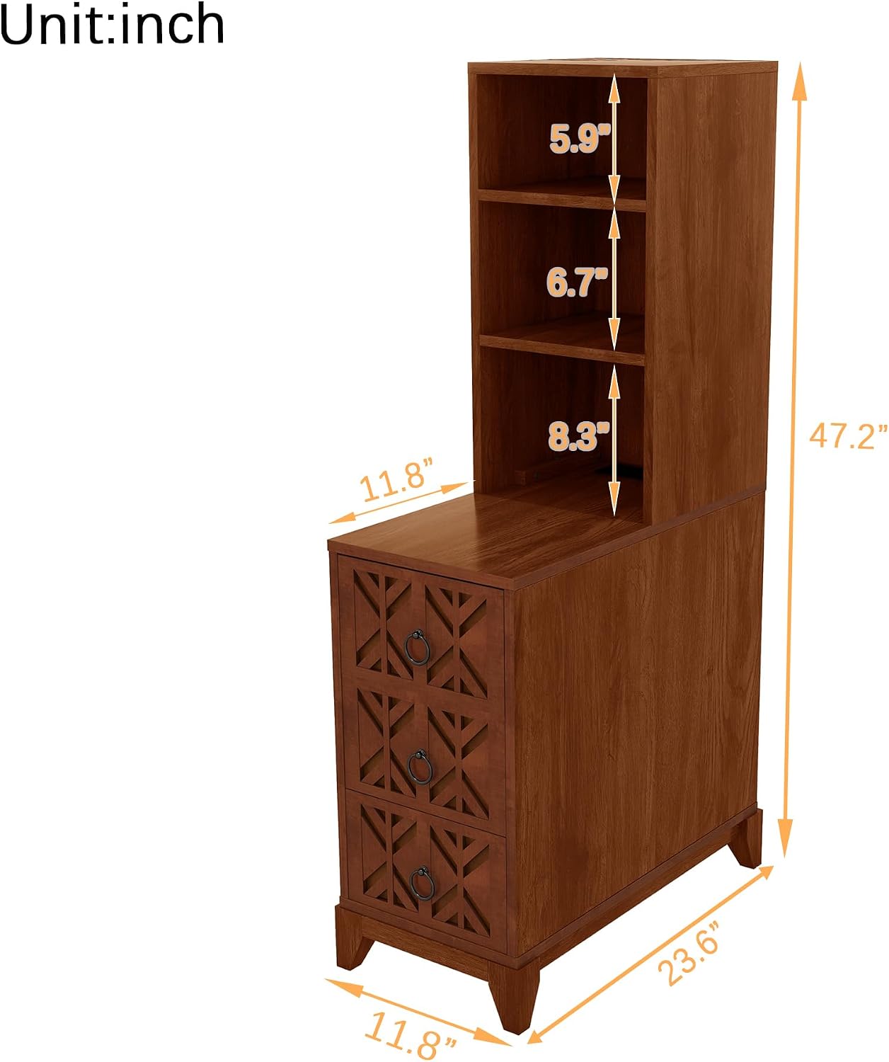 End Table with 3 Drawers & 2 Adjustable Shelves,Corner Table with USB & AC Charge Station,X-Shaped Carved Front,Solid Wood Frame,Tall Narrow Side Tables for Bedroom,Living Room,Small Space,Natural