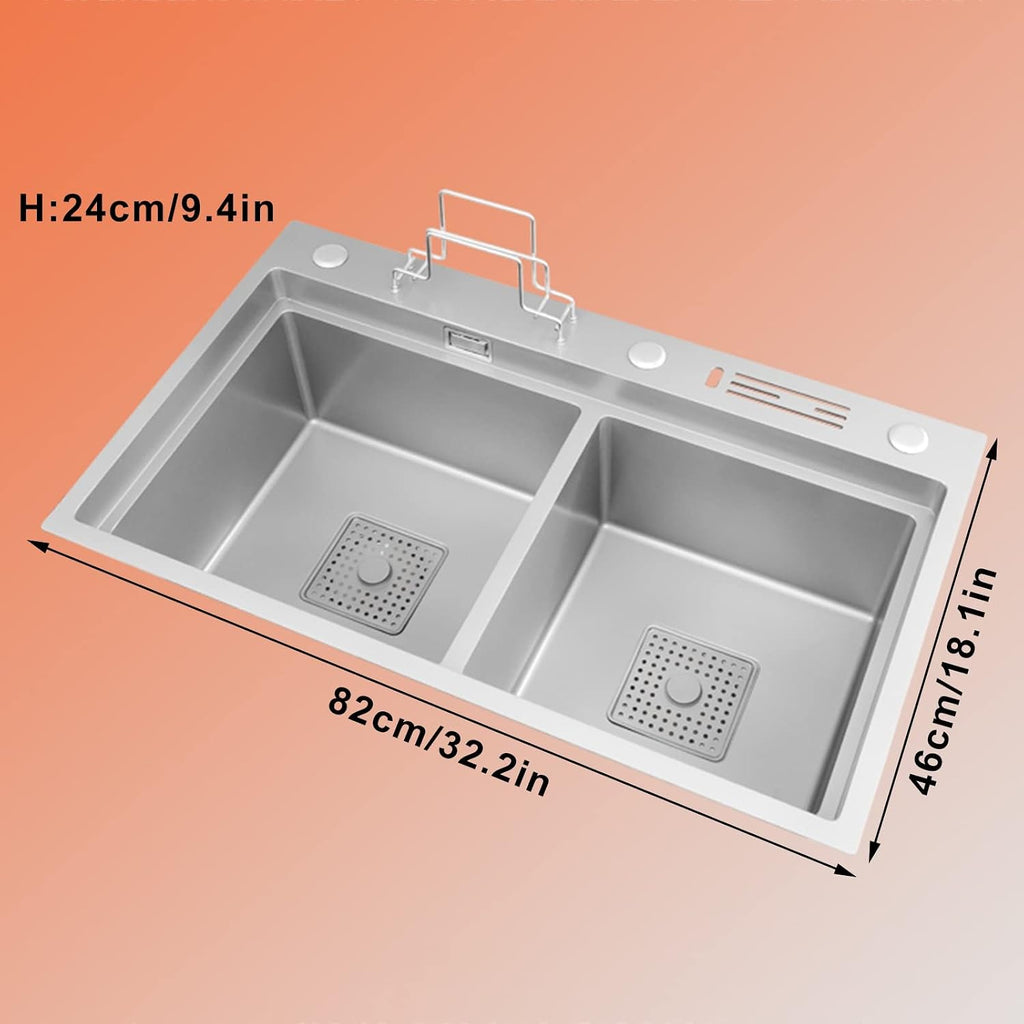 Home Décor Sink Double Bowl Kitchen Sink Rv Sink with Large Bend Faucet and Drain Assembly Drop in or Undermount (82 * 46 * 24Cm