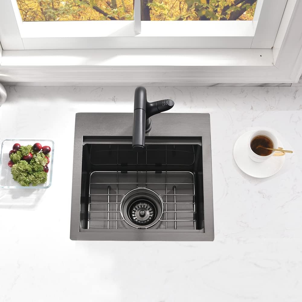 Drop In Bar Sink Black-Bokaiya 15x15 Inch Small Drop In Kitchen Sink Stainless Steel Wet Bar Outdoor Sink 16 Gauge Top Mount Single Bowl Basin with Cutting Board