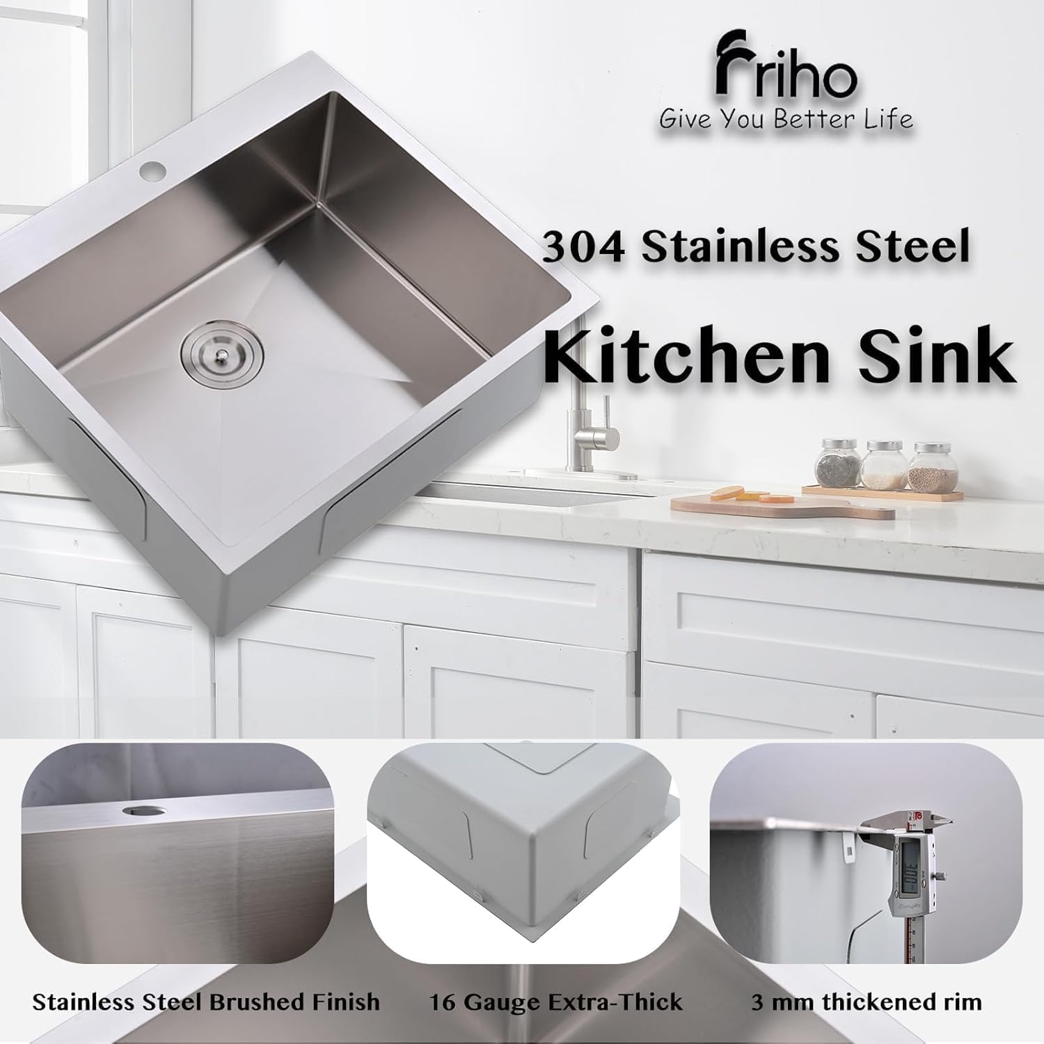 Friho 25x22 Drop in Kitchen Sink, Brushed Nickel Topmount Kitchen Sinks, SUS304 Commercial Handmade 16 Gauge Single Bowl Stainless Steel Sink with Basket Strainer