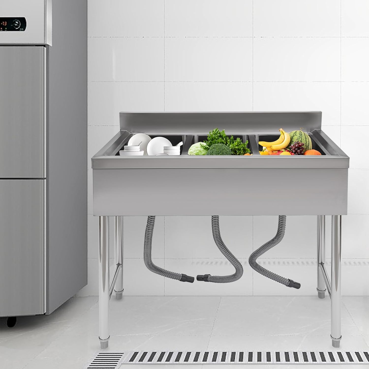 Stainless Steel Utility Sink, Triple Bowl Freestanding Commercial Kitchen Sink with Hot & Cold Faucet, 3 Compartment Utility Sink for Restaurant Garage Laundry, L38*W18.5*H37in