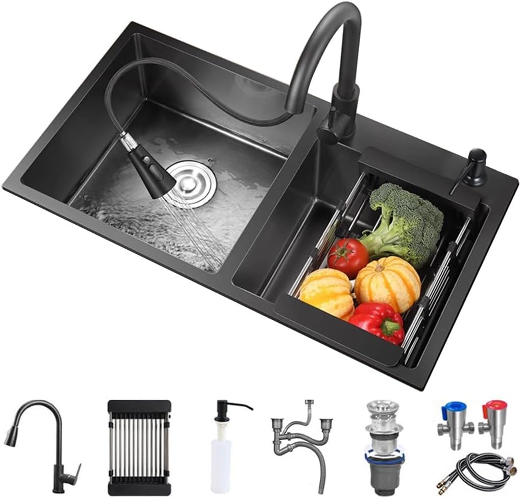 Stainless Steel Black Double Bowl Kitchen Sink Multifunctional Bar Sink Rv Sink with Pull-Out Faucet Drain Basket Soap Dispenser and Drainage Cponents (Color : Black, Size : 72x40x21cm)