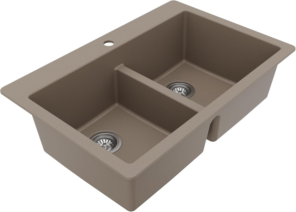 Karran QT-810 33' Top Mount Double Equal Bowl Quartz Kitchen Sink Kit in Concrete