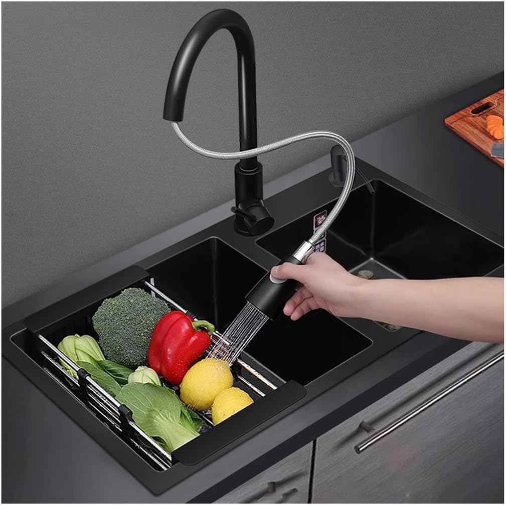 Black Double Bowl Kitchen Sink Stainless Steel Bar Sink Drop-in Workstation Sink with Pull-Out Faucet and Complete Accessory Set (Color : Black, Size : 75x41x21cm) (Black 72x40x21cm)