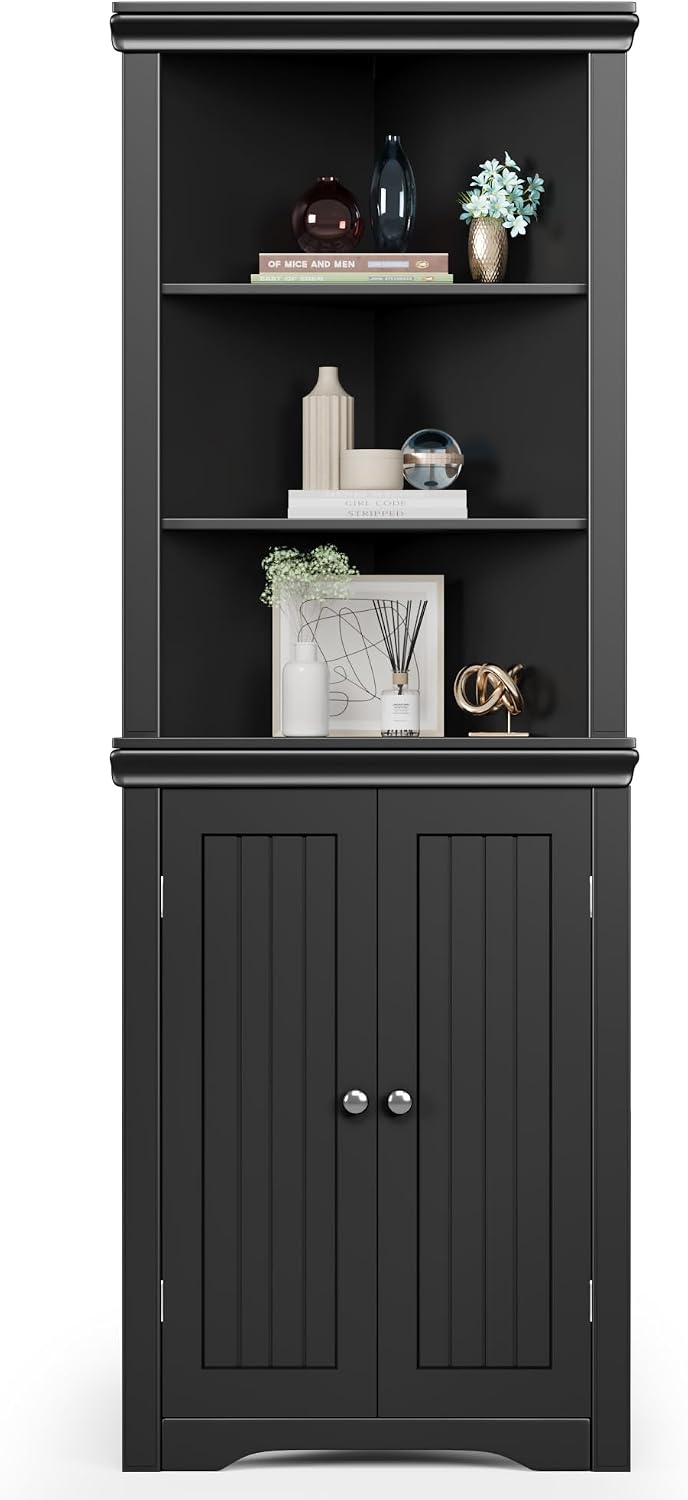 JUMMICO Corner Cabinet Corner Bathroom Cabinet with 2 Doors and 3 Tier Shelves Free Standing Corner Storage Cabinet for Bathroom, Living Room, Bedroom or Kitchen (Black)