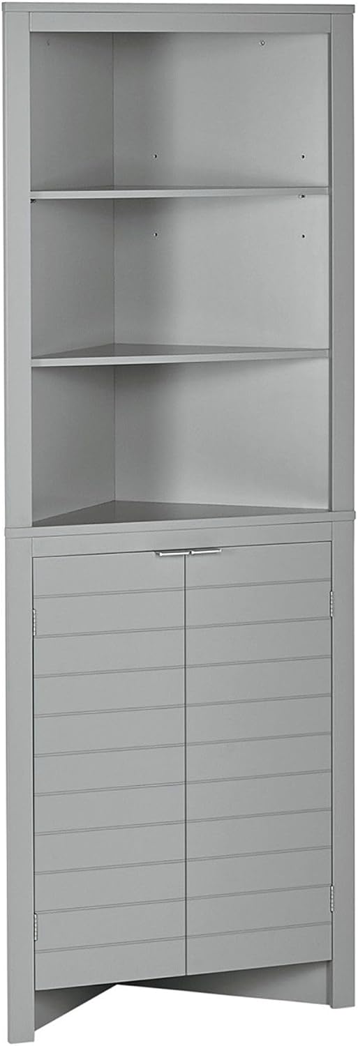 RiverRidge Madison Bathroom Corner Storage Cabinet with Open Shelves and Cupboard Tall Corner Storage Gray Bathroom Furniture Curio Cabinet