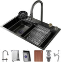 Stainless Steel Waterfall Kitchen Sink Set Single Bowl Bar Sinkt with Pull Down Spray Head Faucet Workstation Sink with Multiple Accessories (Color : Black, Size : 80x45x22cm) (Black 80x45x22cm)