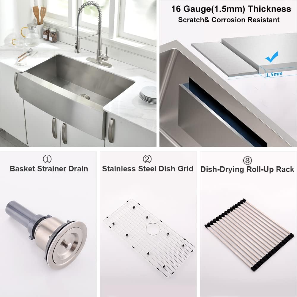 33 Inch Farmhouse Sink Stainless Steel -VOKIM 33x22 Inch Apron Front Kitchen Sink 16 Gauge 304 Stainless Steel Single Bowl Farm Sink
