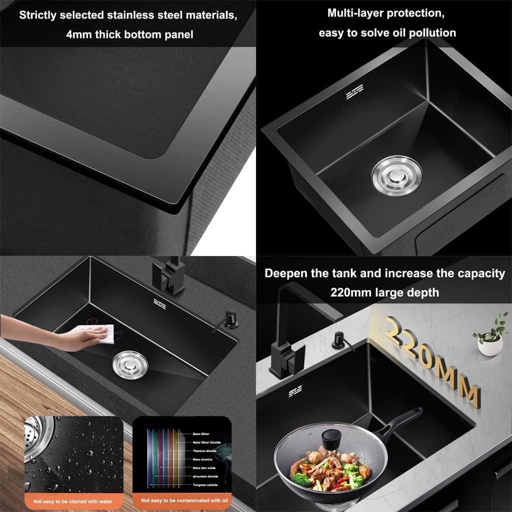 Kitchen Sink. Black Single Bowl 304 Stainless Steel RV Sink with Drain Pipe Top Mount Or Bar Sink Or Outdoor Sink (Black 50x40x22cm)