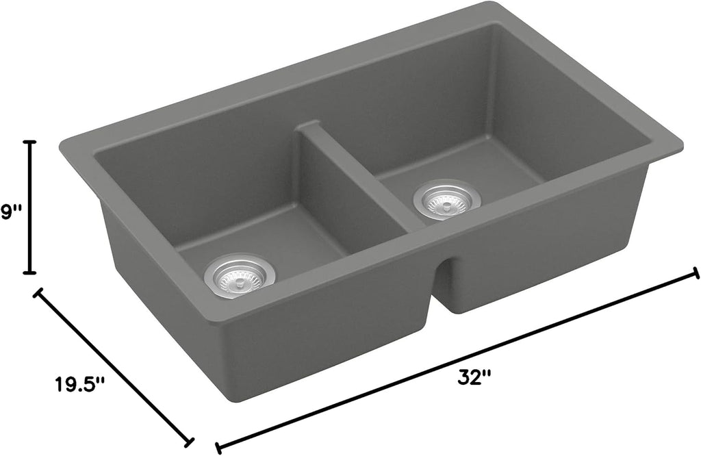Karran 32' Grey Quartz Composite Undermount Double Bowl Kitchen Sink with Low Divider – 50/50 Equal Bowl, 80% Natural Quartz, 535°F Heat Resistant, Sound Dampening, QU-810