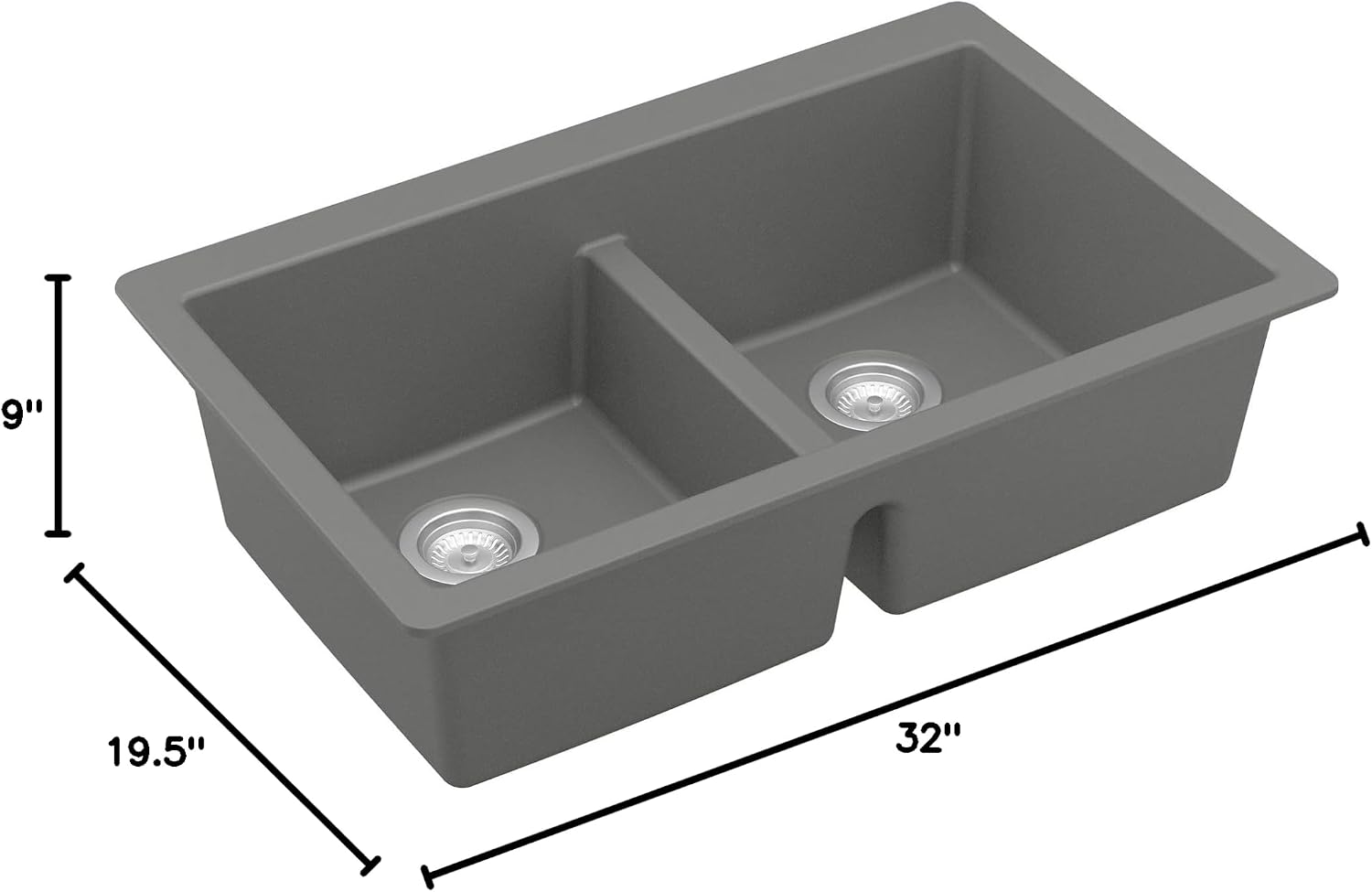 Karran 32' Grey Quartz Composite Undermount Double Bowl Kitchen Sink with Low Divider – 50/50 Equal Bowl, 80% Natural Quartz, 535°F Heat Resistant, Sound Dampening, QU-810