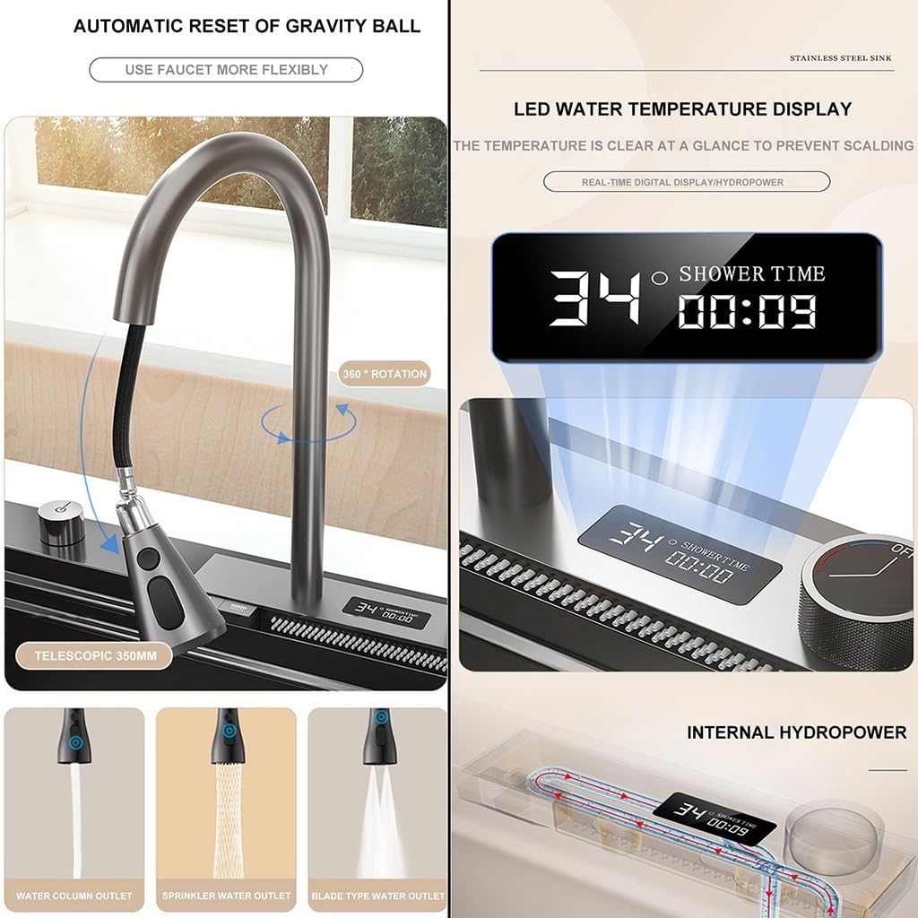 Stainless Steel Waterfall Kitchen Sink Single-Bowl Kitchen Sink with Three-in-one Pull-Out Faucet LED Digital Display Screen Pressurized Cup Washer (Color : Black, Size : 75x46x22cm) (Black 75x46