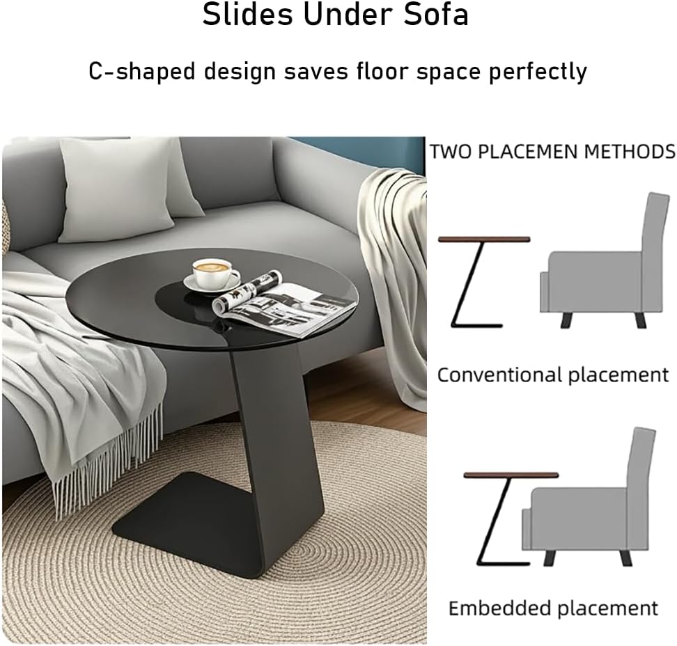 25.5-Inch High C-Shaped End Table with Tempered Glass Top & Black Metal Frame, Modern Space-Saving Sofa Side Table for Living Room, Bedroom, Small Spaces (A)
