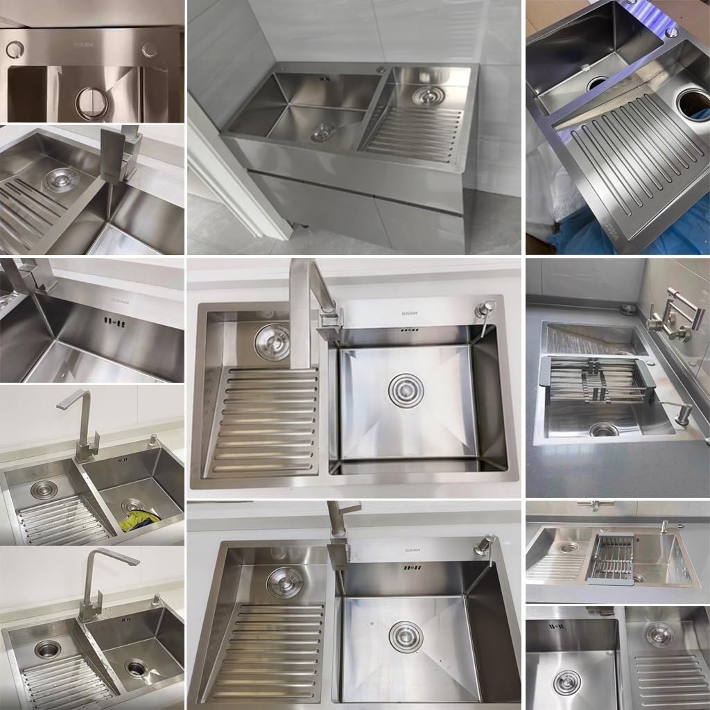 Generic Double Bowl Kitchen Sink Bathro Sinks with Washboard Large 304 Stainless Steel Laundry Sink Multifunctional Bar Kitchen Sink with Drainage Cponent (Color : Silver-b, Size : 70x48x21cm)