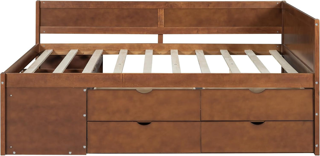 Harper & Bright Designs Wood Corner Daybed with Storage Shelves and 4 Drawers,Full Size Floor Storage Platform Bed Frame with L Shape Heaboard for Bedroom Nook,No Box Spring Needed,Walnut