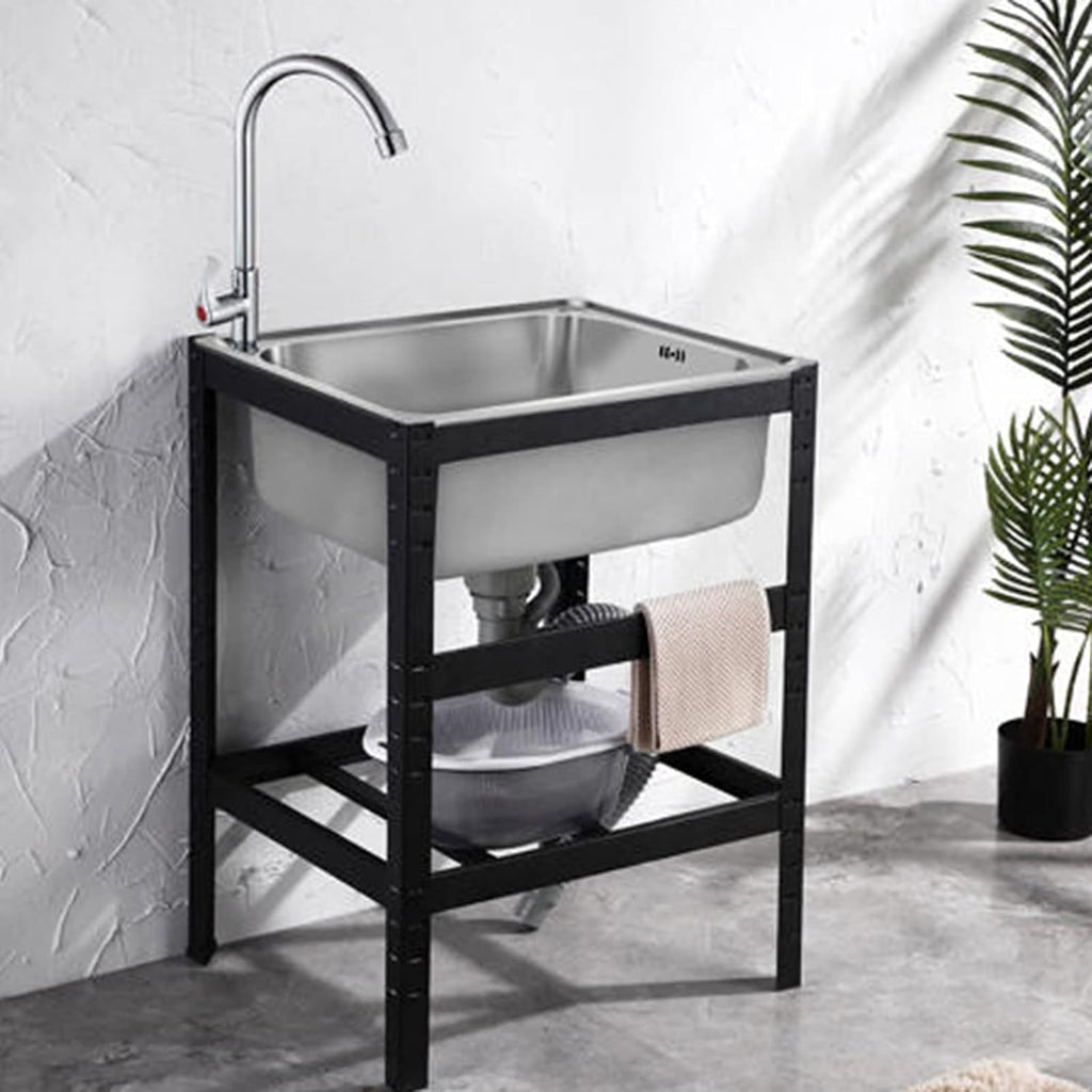 Movable Stainless Steel Kitchen Sink, Commercial 304 Stainless Steel Single Sink Bowl Restaurant Table Utility Sink Washing Hand Basin W/Faucet for Indoor Outdoor (Size : with Faucet) (with fauc