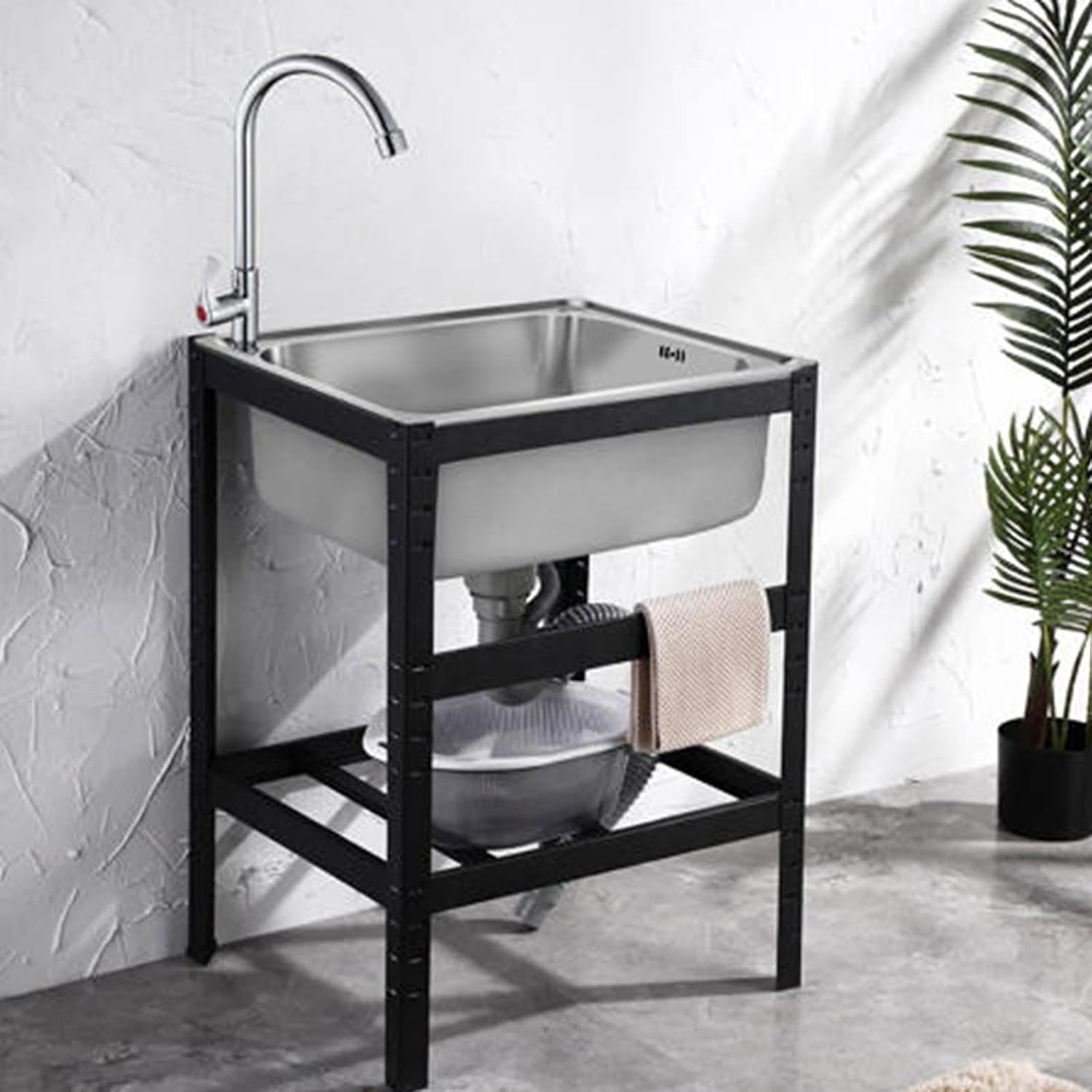 Movable Stainless Steel Kitchen Sink, Commercial 304 Stainless Steel Single Sink Bowl Restaurant Table Utility Sink Washing Hand Basin W/Faucet for Indoor Outdoor (Size : with Faucet) (with fauc