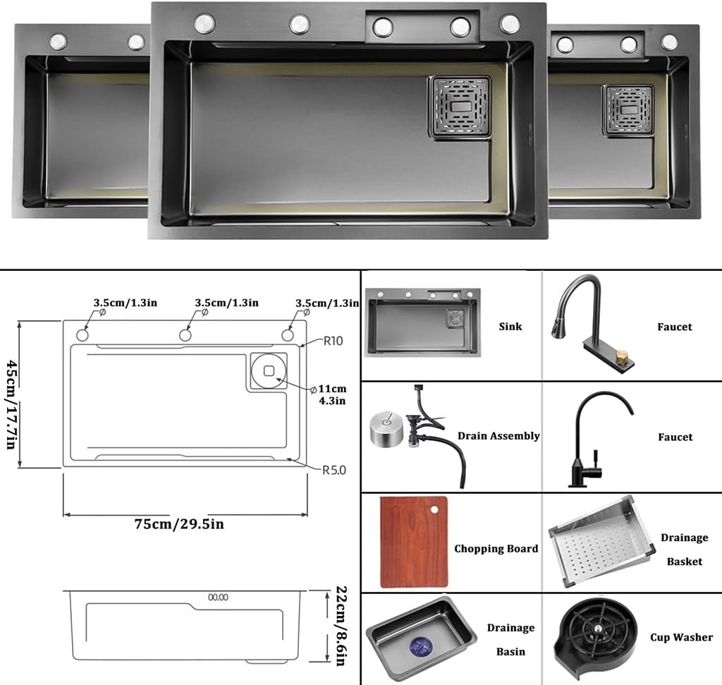 Stainless Steel Waterfall Bar Sink Single Bowl Kitchen Sink Multi-Purpose Handmade Sink Rv Sink Nano-Coated Workstation Sink with Pull-Out Faucet (Size : 80x45x22cm) (75x45x22cm)