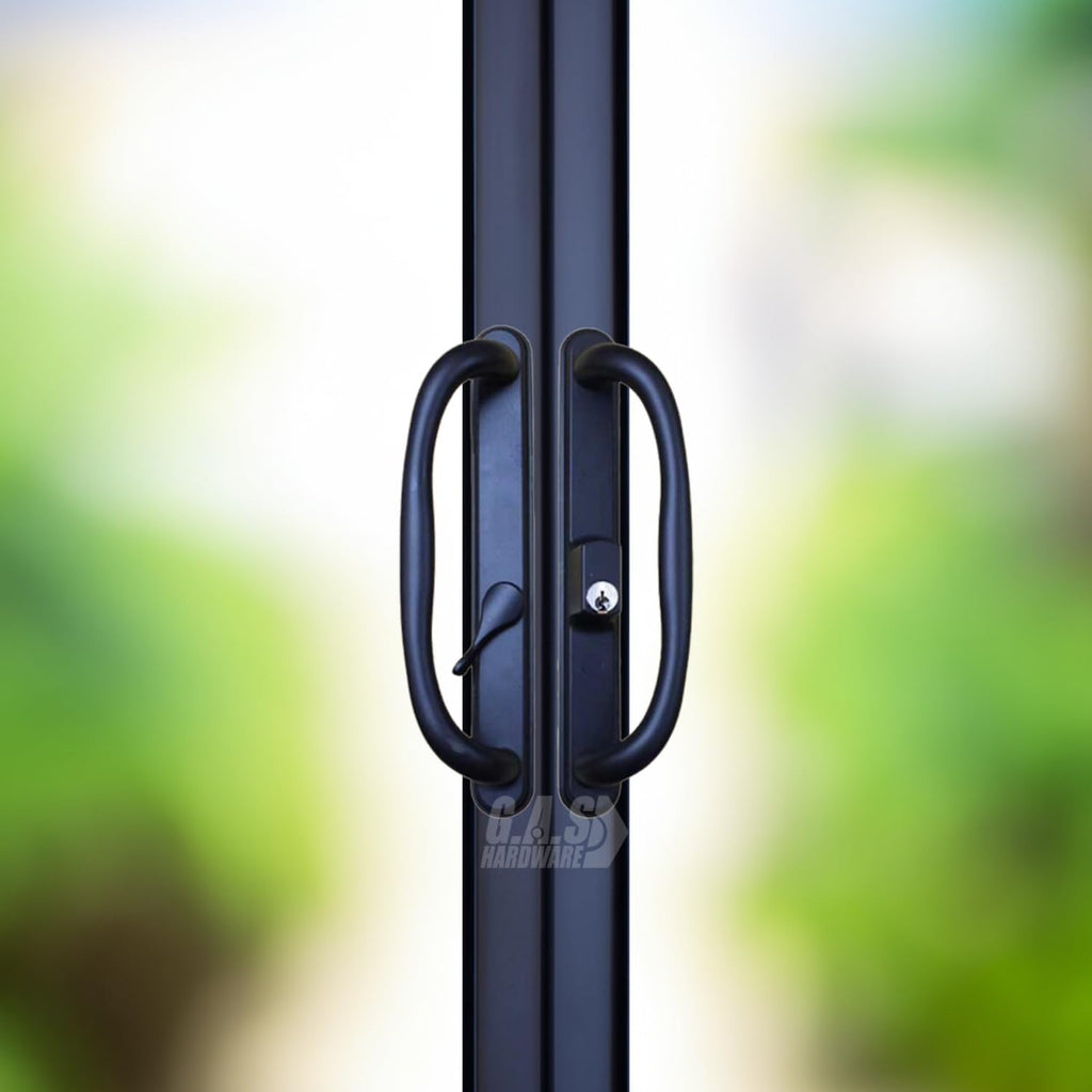 10' Olympus Sliding Patio Glass Door Black Offset Pull Handle Set Replacement with Keys fits 3 ¹⁵/₁₆ inches Hole Spacing, and 1-1/4' to 2-1/4' Door Thickness