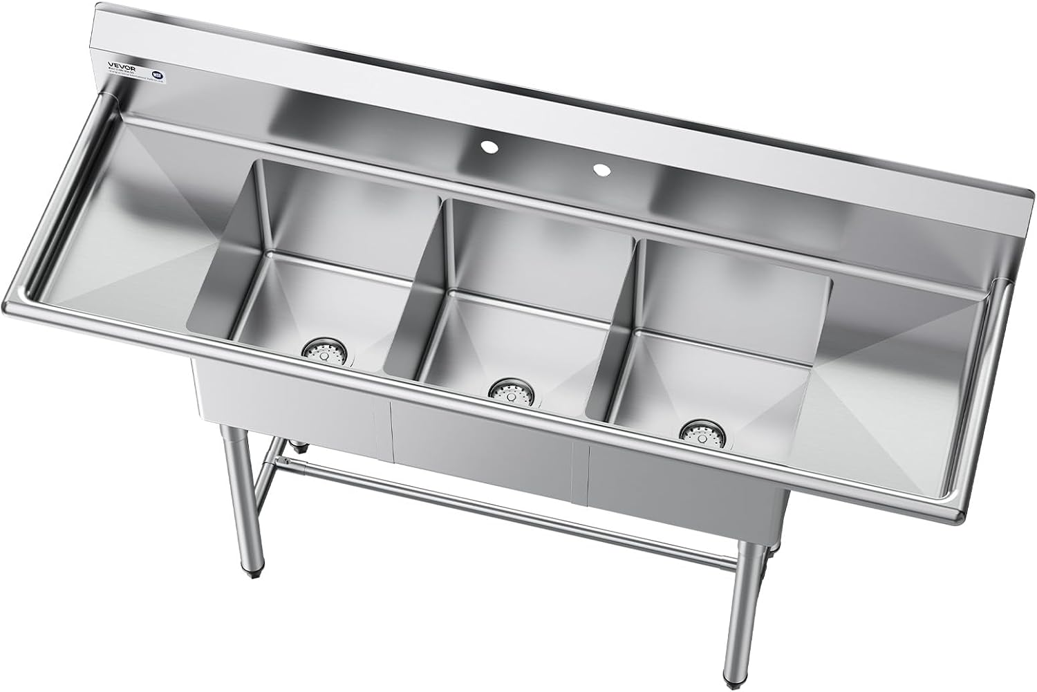 VEVOR 3 Compartment Sink, 18-Gauge 304 Stainless Steel, 14' x 16' x 11' Bowl Size, 3 Bay Commercial Kitchen Prep & Utility Sink with 2 Drainboards and Backsplash for Restaurant, Food Truck & Home Use