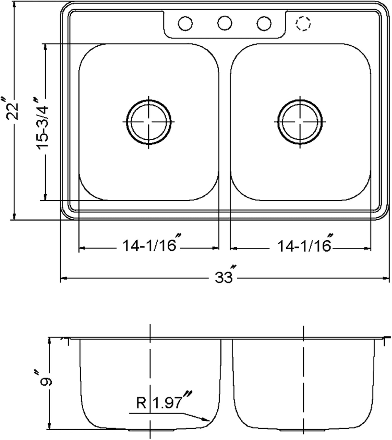 Houzer Glowtone Stainless Steel Kitchen Sink: 33 Inch Drop-in Topmount 4-Hole 50/50 Double Bowl, Durable & Versatile, Essential for Home & Apartment: 3322-9BS4-1