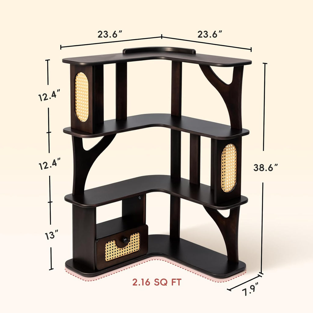 Rubber Wood Corner Shelf, 4 Tier Modern Corner Bookshelf, Freestanding Display Shelf Stand for Home Office, Living Room, Bedroom