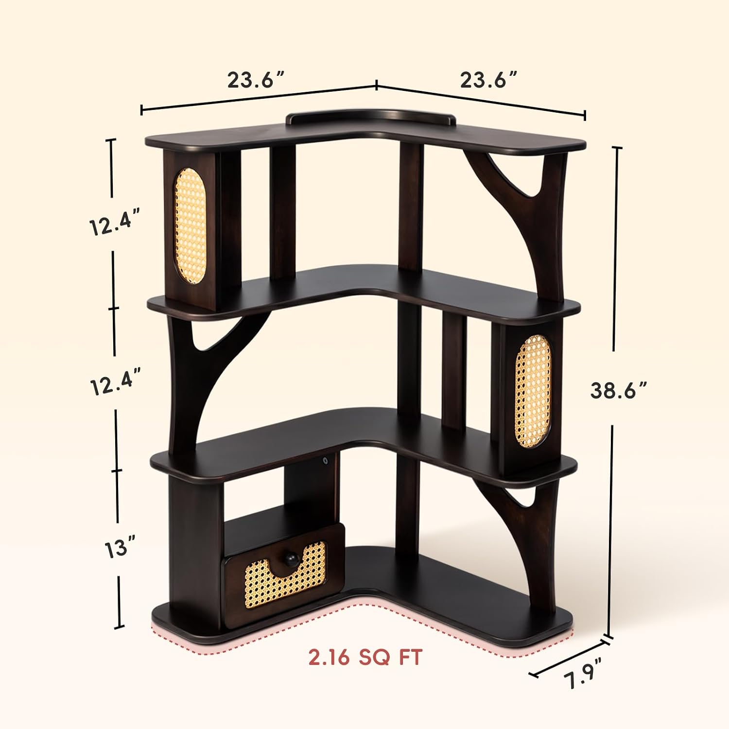Rubber Wood Corner Shelf, 4 Tier Modern Corner Bookshelf, Freestanding Display Shelf Stand for Home Office, Living Room, Bedroom