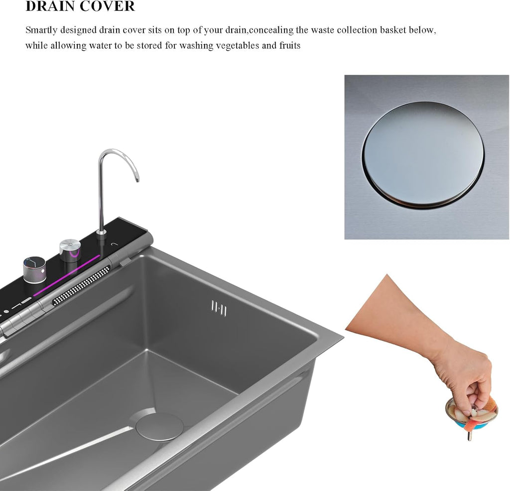 Double Waterfall Kitchen Sink 33 x 22 in 9 Gauge Stainless Steel Smart Digital Display Modern Single Bowl Workstation Sink with Soap Dispenser