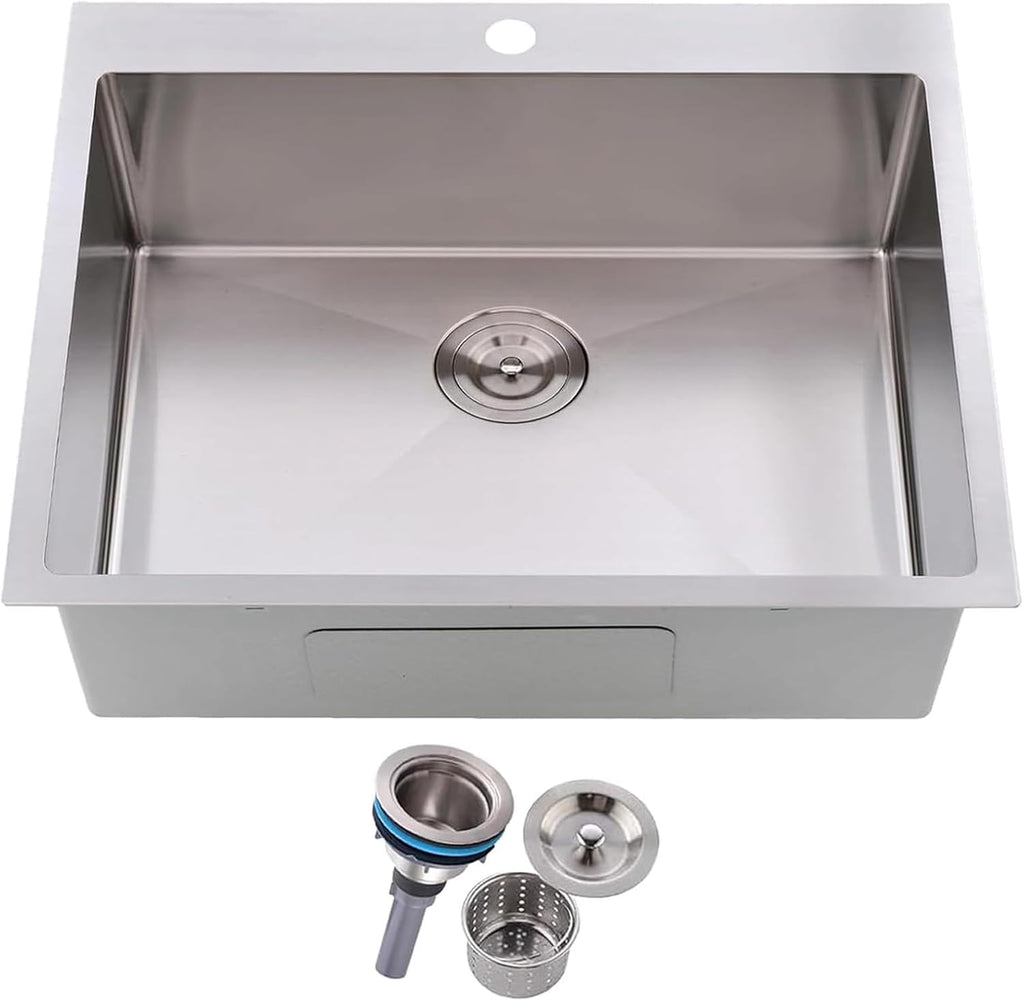 Friho 25x22 Drop in Kitchen Sink, Brushed Nickel Topmount Kitchen Sinks, SUS304 Commercial Handmade 16 Gauge Single Bowl Stainless Steel Sink with Basket Strainer