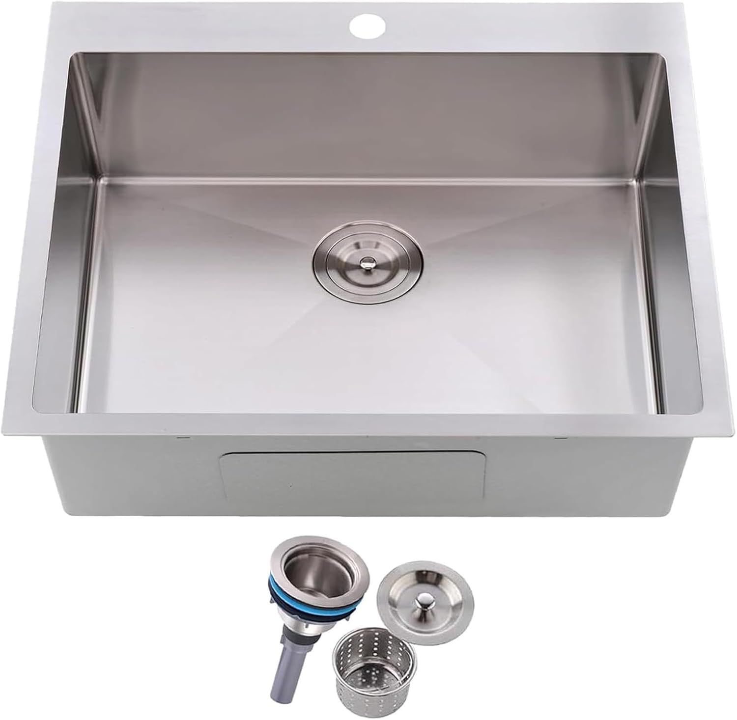 Friho 25x22 Drop in Kitchen Sink, Brushed Nickel Topmount Kitchen Sinks, SUS304 Commercial Handmade 16 Gauge Single Bowl Stainless Steel Sink with Basket Strainer