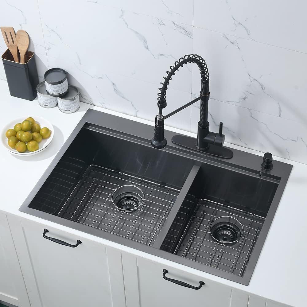 33 Inch Black Drop In Double Bowl Kitchen Sink Workstation-Bokaiya 33x22 Drop In Kitchen Sink Top Mount Workstation Sink 16 Gauge Stainless Steel Low Divide 60/40 Double Sink with Cutting Board