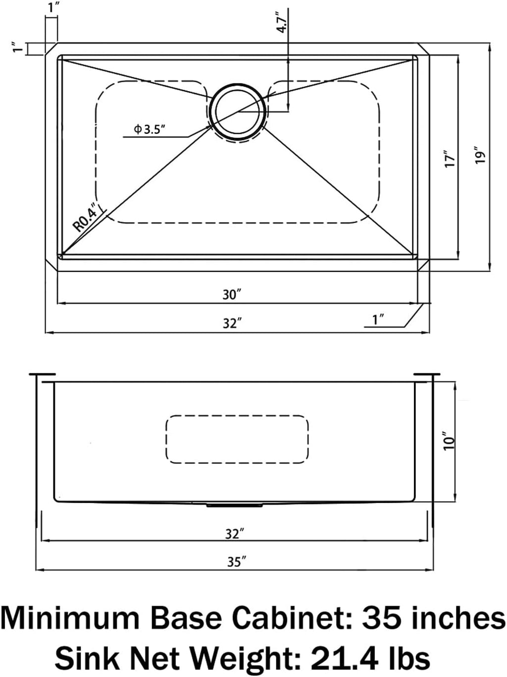 Sinber HU3219S-S 32' x 19' x 10' Undermount Single Bowl Kitchen Sink with 18 Gauge 304 Stainless Steel Satin Finish HU3219S-S (Sink Only)