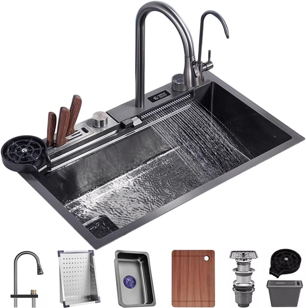 Waterfall Kitchen Sink with Three-in-one Pull-Out Faucet Single Bowl Kitchen Sink with Full Set of Accessories Stainless Steel Bar Sink with LED Digital Display Screen (Black 75x46x22cm)