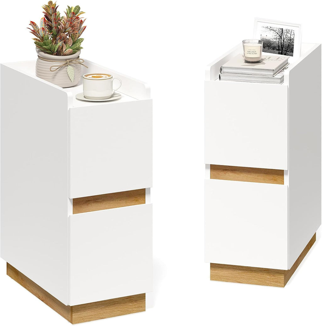 Narrow Night Stands, Modern Slim Nightstand Set of 2, Wooden Skinny Bedside Table 2 Drawers, Stackable Narrow Side Table with Drawers for Small Spaces, Bedroom, Living Room, White