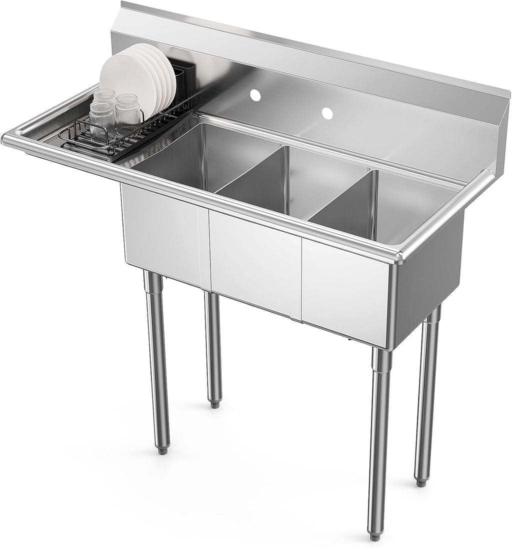 ROVSUN Commercial Sink, Stainless Steel with 3 Compartment and Left Side Drainboard, 43.9' x 20' x 43.3' Freestanding Kitchen Utility Sink, Bowl Size 10' x 14' x 10', Silver
