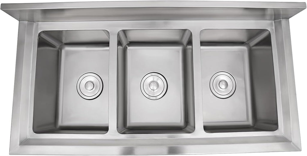 Commercial Grade 304 Stainless Steel 3-Bowl Kitchen Sink with Retractable Faucet - Heavy Duty Triple Compartment Bar Sink for Restaurants, Cafes (300kg Capacity, Spill-Proof Design)