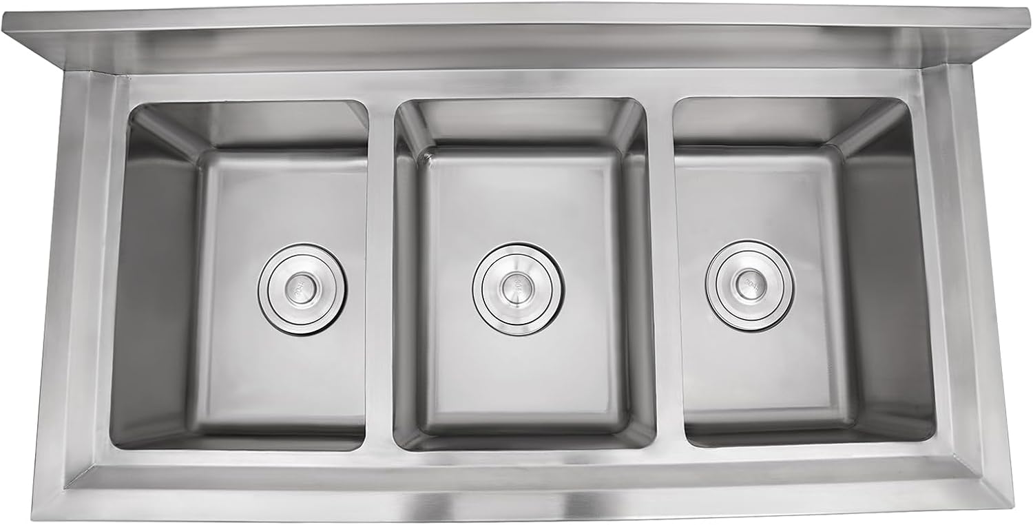 Commercial Grade 304 Stainless Steel 3-Bowl Kitchen Sink with Retractable Faucet - Heavy Duty Triple Compartment Bar Sink for Restaurants, Cafes (300kg Capacity, Spill-Proof Design)