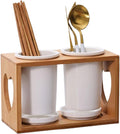 Cup Storage Holder,Bamboo Utensil Holder Set - 3 Ceramic Caddies with Drain Tray for Kitchen Counter, Ideal for Spoon, Fork & Knife Organization，A 8.27in